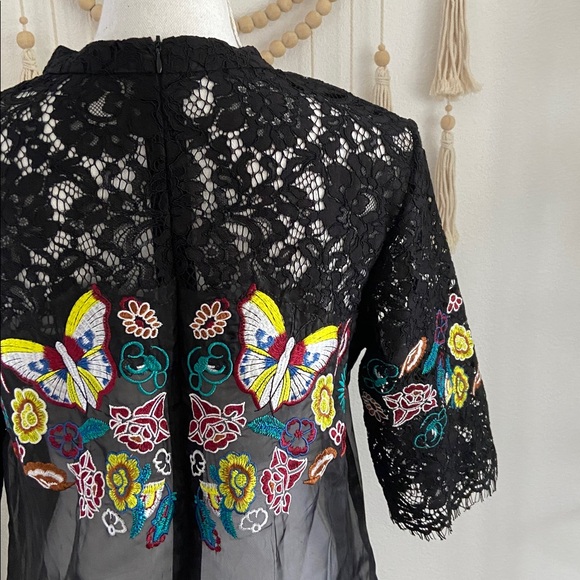 Beautiful black organza overlay babydoll sheer dress embroidered lace butterfly - Picture 10 of 16